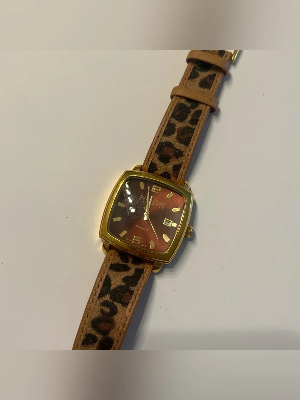 Gold-Tone Square Watch with Brown Leopard Strap
